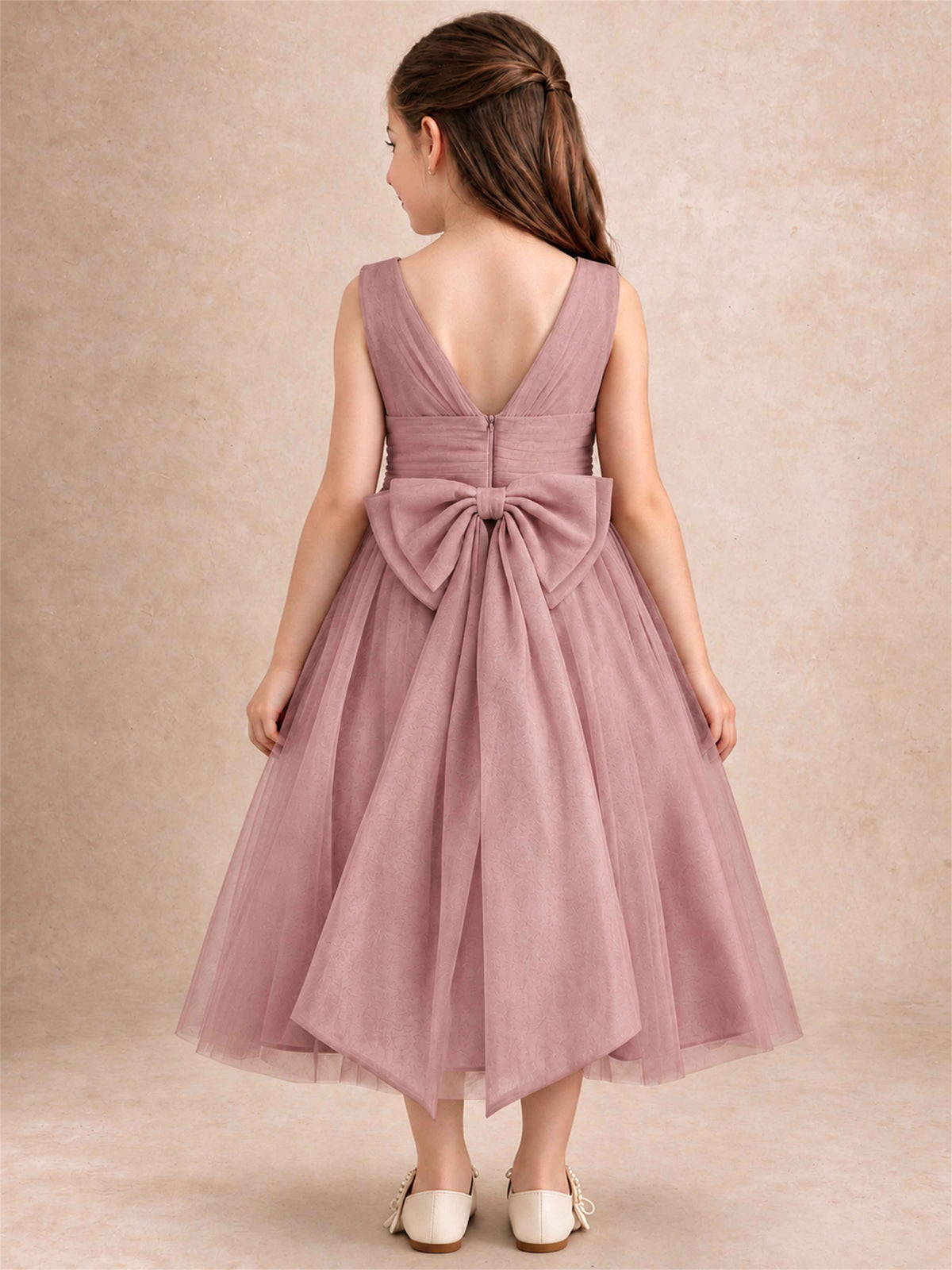 Sleeveless Tulle Flower Girl Dress A Line Tea Length Pleated Kids Wedding Party Gown