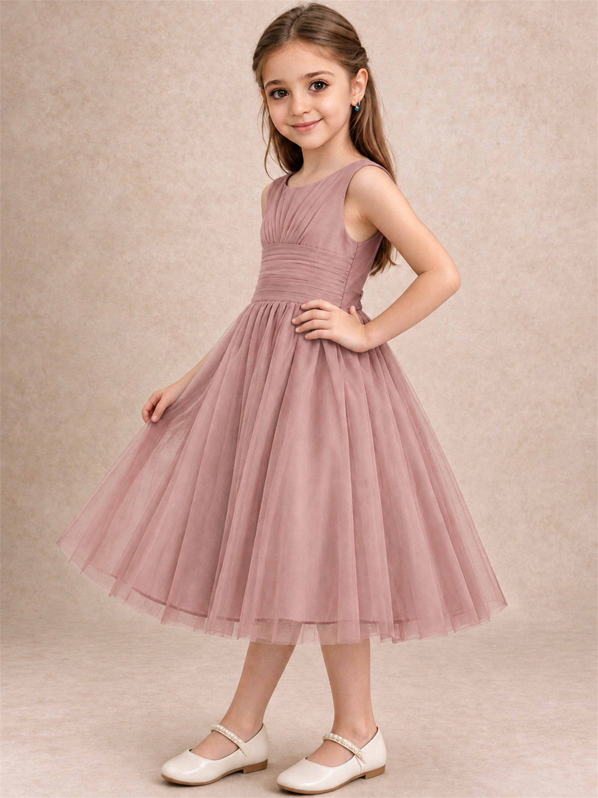 Sleeveless Tulle Flower Girl Dress A Line Tea Length Pleated Kids Wedding Party Gown
