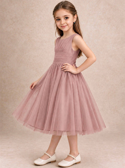 Sleeveless Tulle Flower Girl Dress A Line Tea Length Pleated Kids Wedding Party Gown