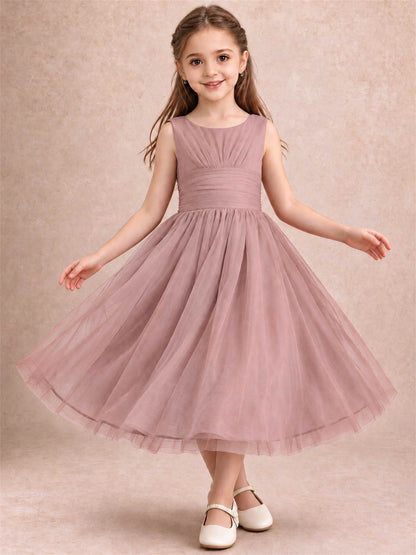 Sleeveless Tulle Flower Girl Dress A Line Tea Length Pleated Kids Wedding Party Gown