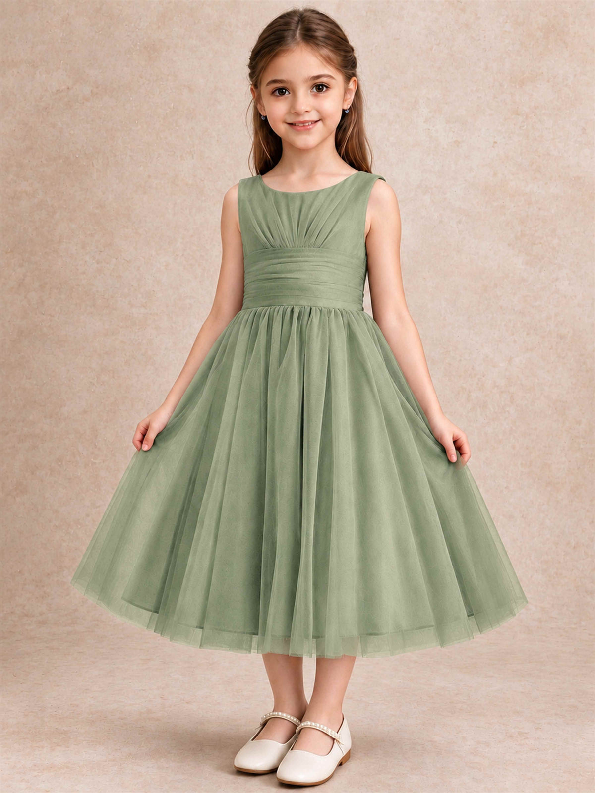 Sleeveless Tulle Flower Girl Dress A Line Tea Length Pleated Kids Wedding Party Gown