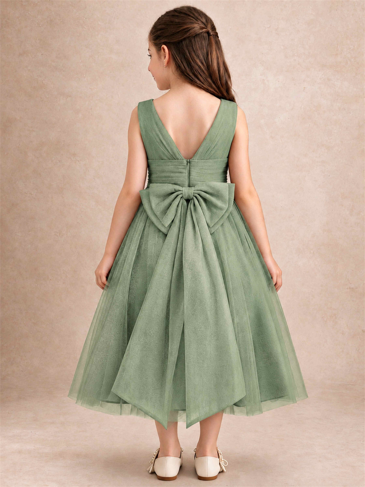 Sleeveless Tulle Flower Girl Dress A Line Tea Length Pleated Kids Wedding Party Gown