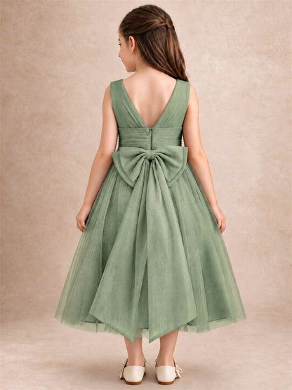 Sleeveless Tulle Flower Girl Dress A Line Tea Length Pleated Kids Wedding Party Gown