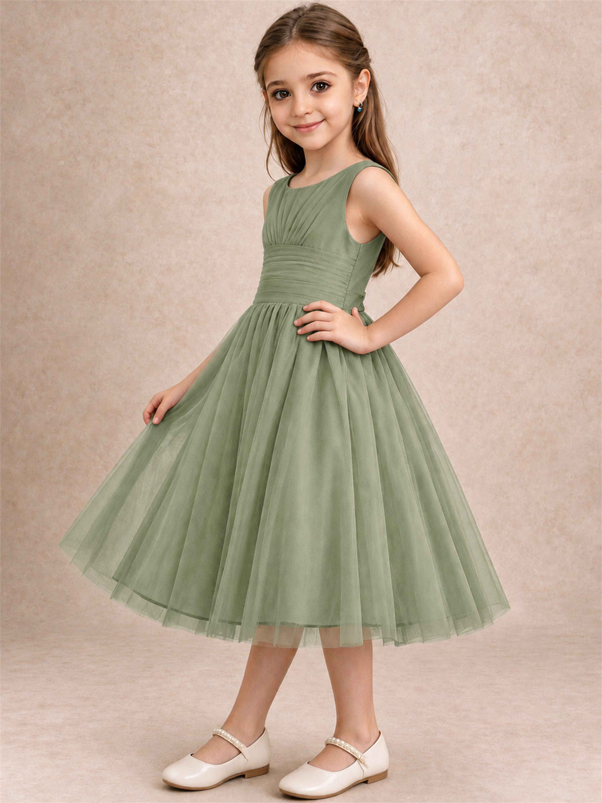 Sleeveless Tulle Flower Girl Dress A Line Tea Length Pleated Kids Wedding Party Gown