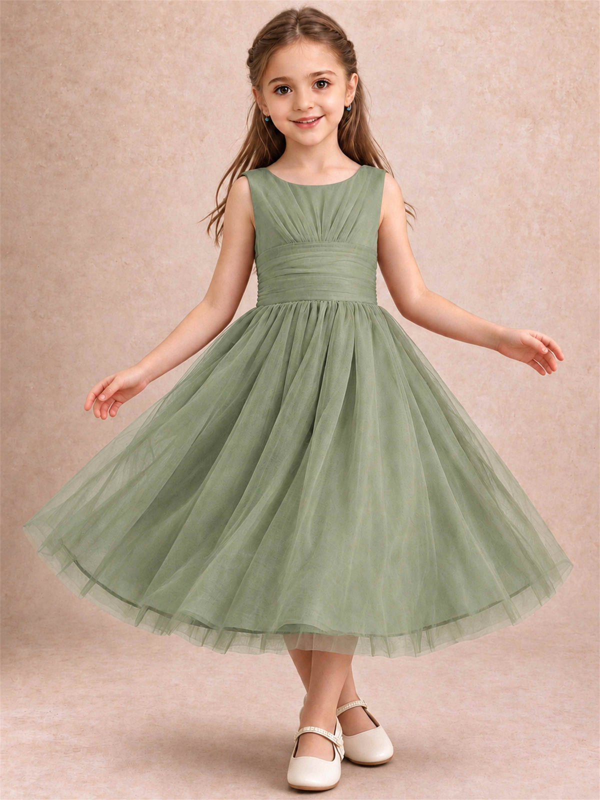 Sleeveless Tulle Flower Girl Dress A Line Tea Length Pleated Kids Wedding Party Gown
