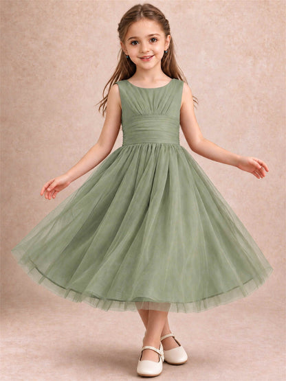 Sleeveless Tulle Flower Girl Dress A Line Tea Length Pleated Kids Wedding Party Gown