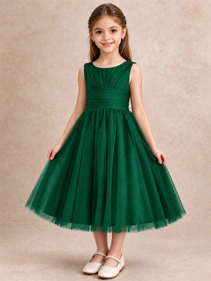 Sleeveless Tulle Flower Girl Dress A Line Tea Length Pleated Kids Wedding Party Gown