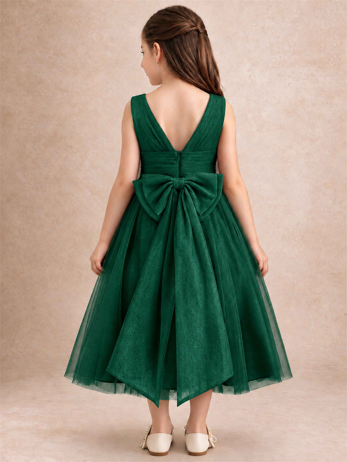Sleeveless Tulle Flower Girl Dress A Line Tea Length Pleated Kids Wedding Party Gown