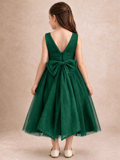 Sleeveless Tulle Flower Girl Dress A Line Tea Length Pleated Kids Wedding Party Gown