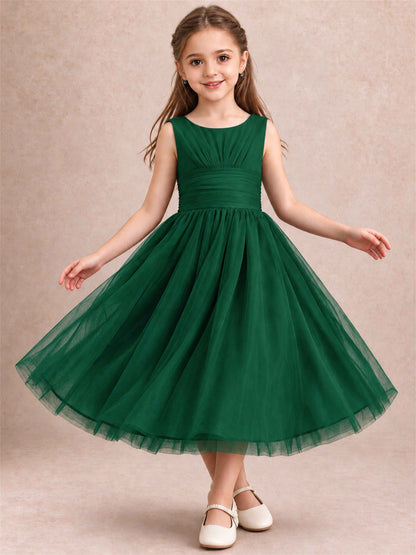 Sleeveless Tulle Flower Girl Dress A Line Tea Length Pleated Kids Wedding Party Gown