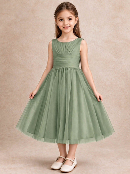 Sleeveless Tulle Flower Girl Dress A Line Tea Length Pleated Kids Wedding Party Gown