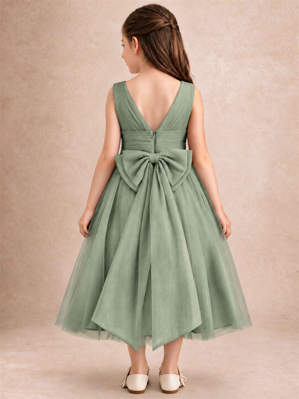 Sleeveless Tulle Flower Girl Dress A Line Tea Length Pleated Kids Wedding Party Gown