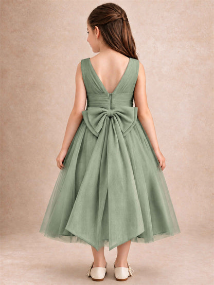 Sleeveless Tulle Flower Girl Dress A Line Tea Length Pleated Kids Wedding Party Gown