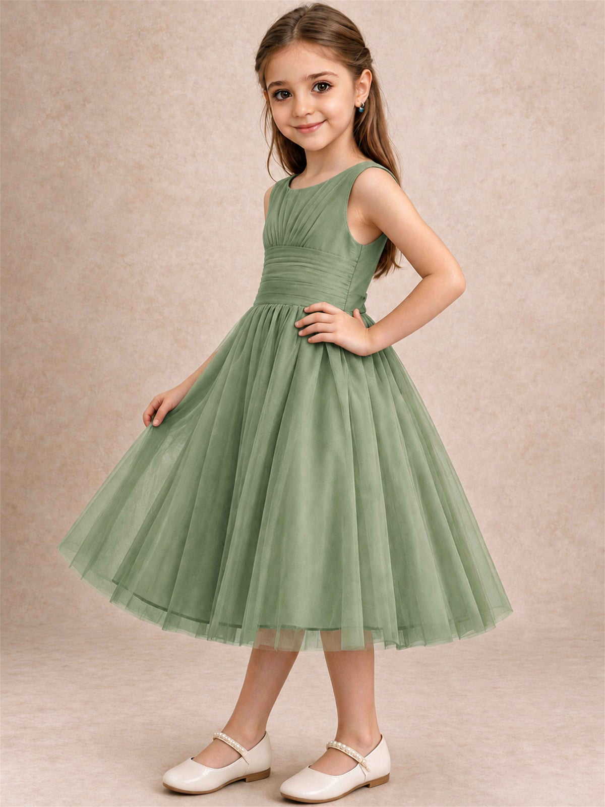 Sleeveless Tulle Flower Girl Dress A Line Tea Length Pleated Kids Wedding Party Gown