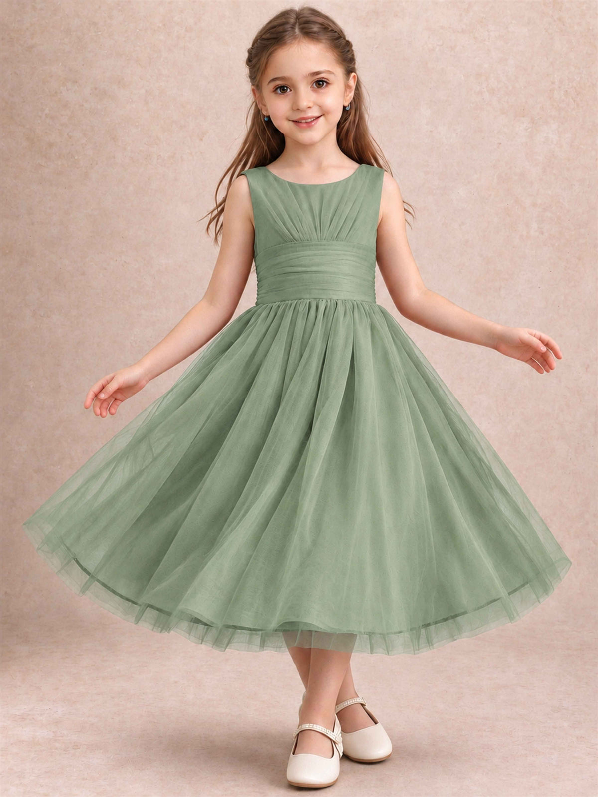 Sleeveless Tulle Flower Girl Dress A Line Tea Length Pleated Kids Wedding Party Gown