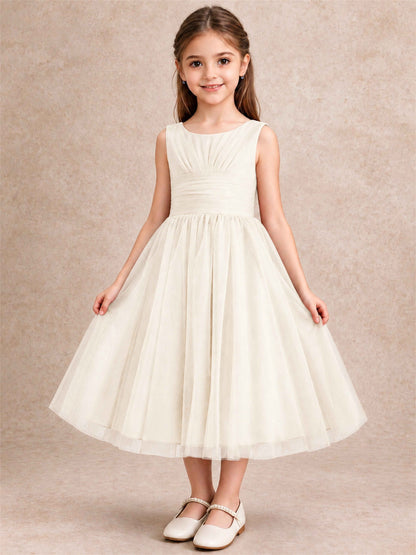 Sleeveless Tulle Flower Girl Dress A Line Tea Length Pleated Kids Wedding Party Gown