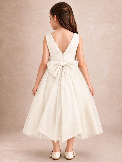 Sleeveless Tulle Flower Girl Dress A Line Tea Length Pleated Kids Wedding Party Gown
