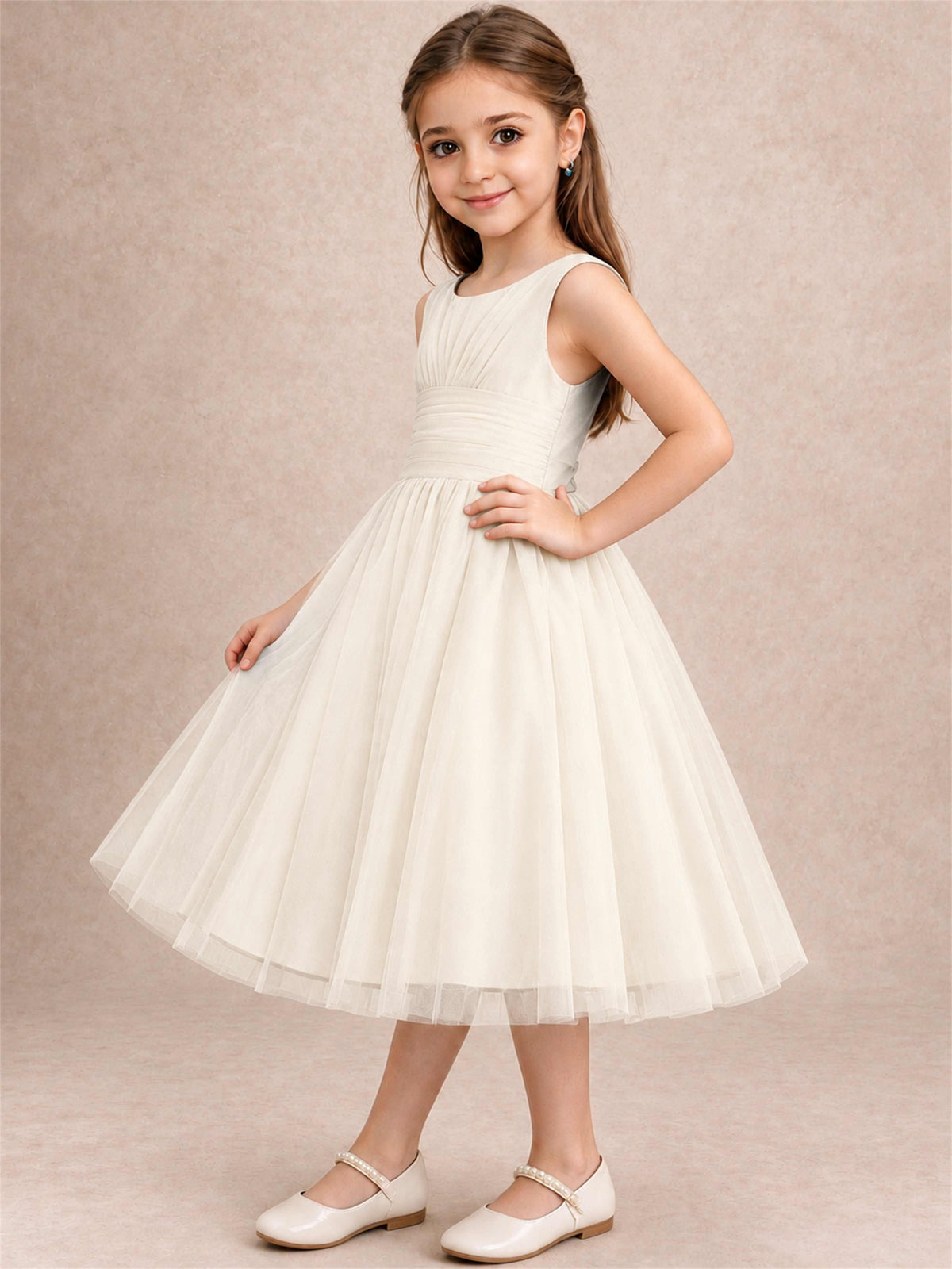 Sleeveless Tulle Flower Girl Dress A Line Tea Length Pleated Kids Wedding Party Gown