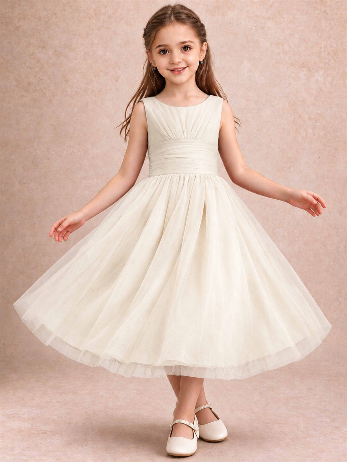 Sleeveless Tulle Flower Girl Dress A Line Tea Length Pleated Kids Wedding Party Gown