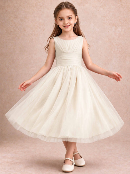 Sleeveless Tulle Flower Girl Dress A Line Tea Length Pleated Kids Wedding Party Gown