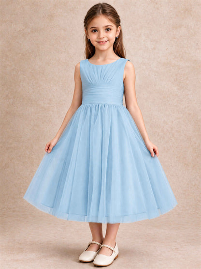 Sleeveless Tulle Flower Girl Dress A Line Tea Length Pleated Kids Wedding Party Gown