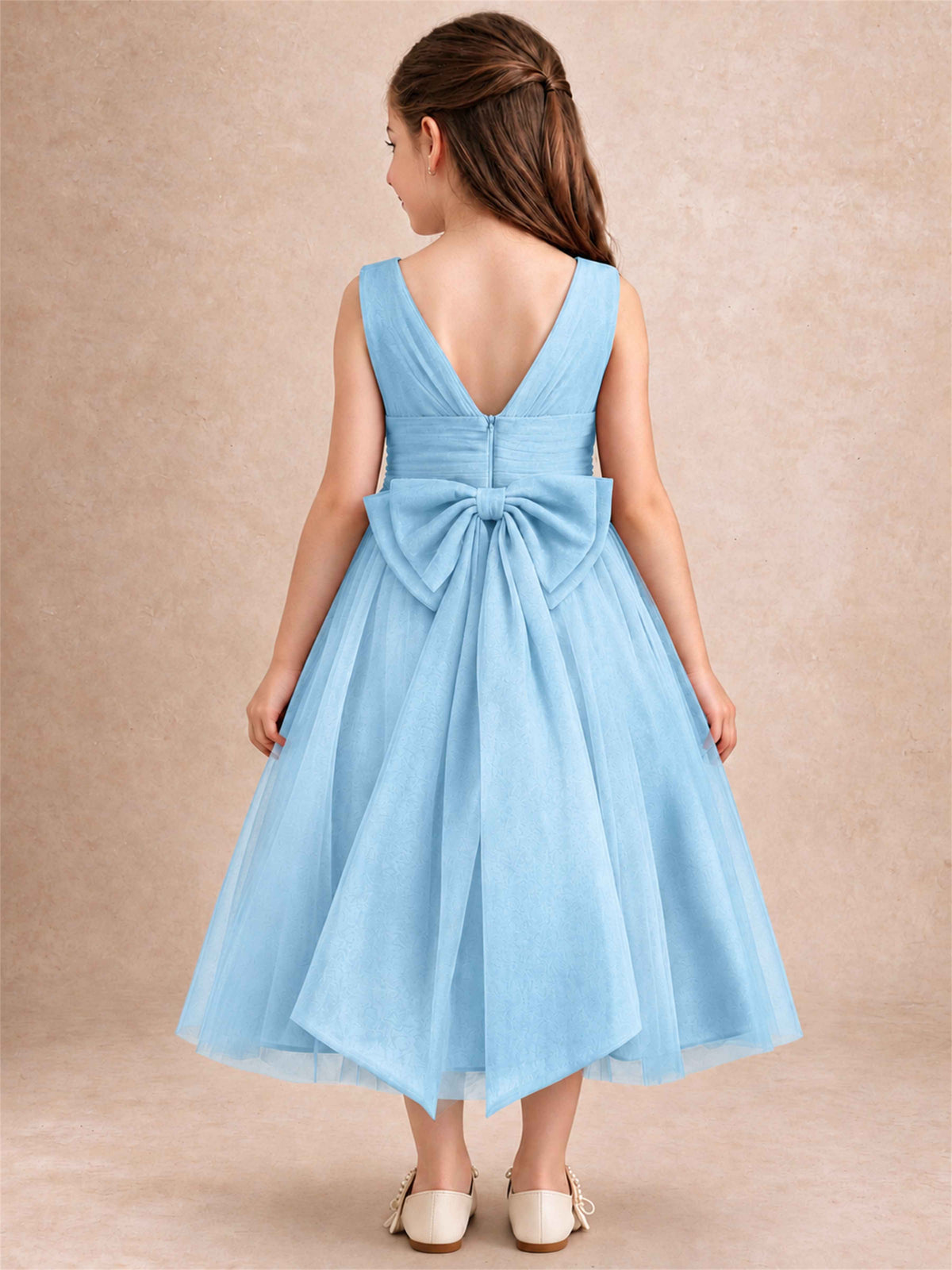 Sleeveless Tulle Flower Girl Dress A Line Tea Length Pleated Kids Wedding Party Gown