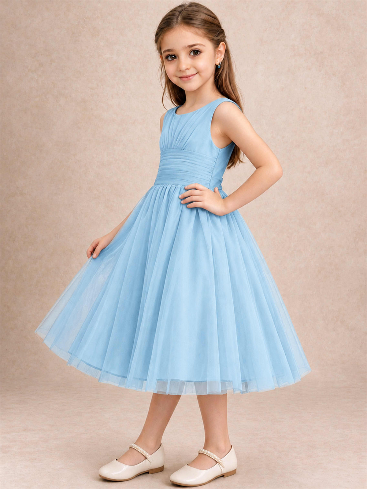 Sleeveless Tulle Flower Girl Dress A Line Tea Length Pleated Kids Wedding Party Gown
