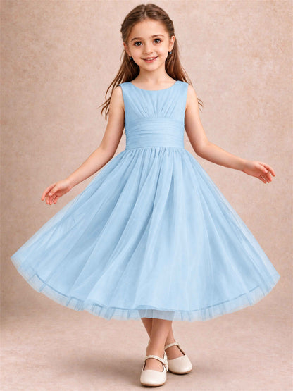 Sleeveless Tulle Flower Girl Dress A Line Tea Length Pleated Kids Wedding Party Gown