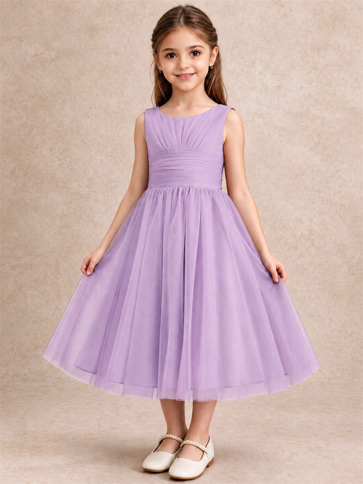 Sleeveless Tulle Flower Girl Dress A Line Tea Length Pleated Kids Wedding Party Gown