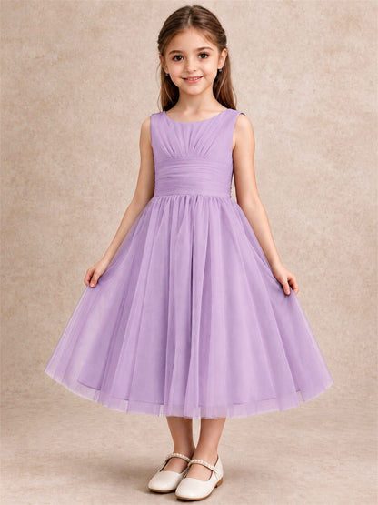 Sleeveless Tulle Flower Girl Dress A Line Tea Length Pleated Kids Wedding Party Gown