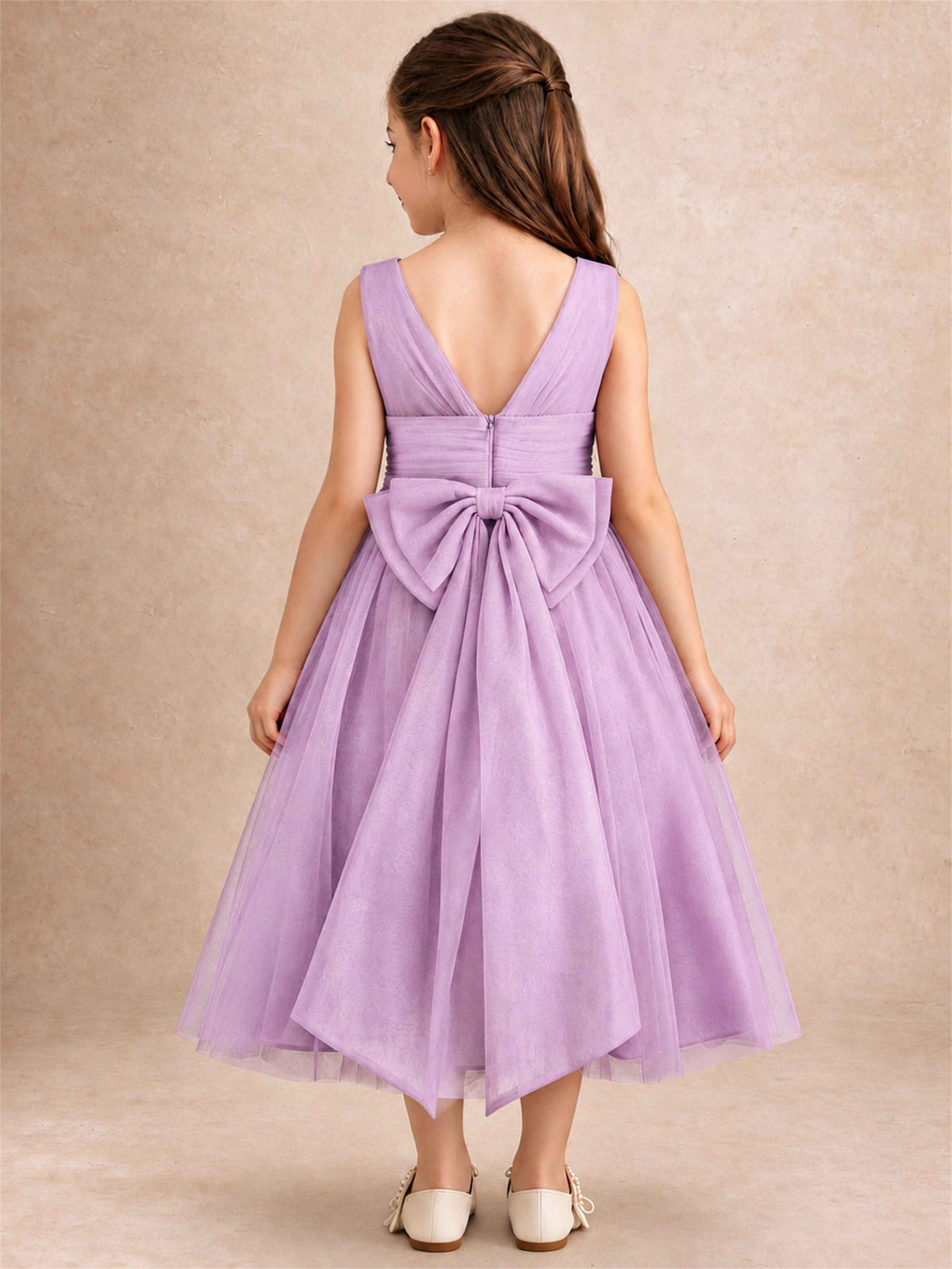 Sleeveless Tulle Flower Girl Dress A Line Tea Length Pleated Kids Wedding Party Gown