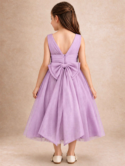 Sleeveless Tulle Flower Girl Dress A Line Tea Length Pleated Kids Wedding Party Gown