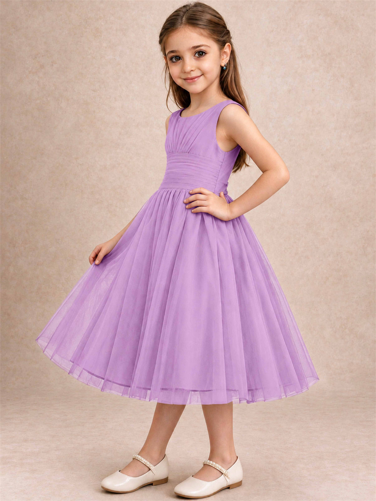 Sleeveless Tulle Flower Girl Dress A Line Tea Length Pleated Kids Wedding Party Gown