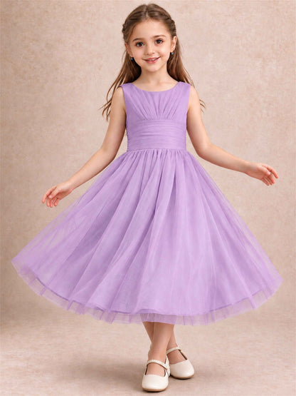 Sleeveless Tulle Flower Girl Dress A Line Tea Length Pleated Kids Wedding Party Gown