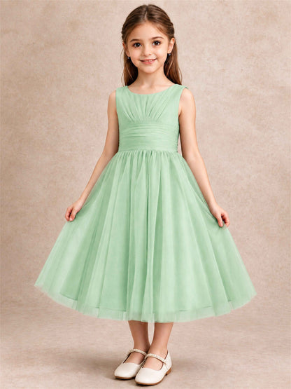Sleeveless Tulle Flower Girl Dress A Line Tea Length Pleated Kids Wedding Party Gown