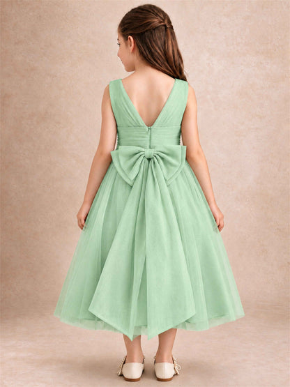 Sleeveless Tulle Flower Girl Dress A Line Tea Length Pleated Kids Wedding Party Gown