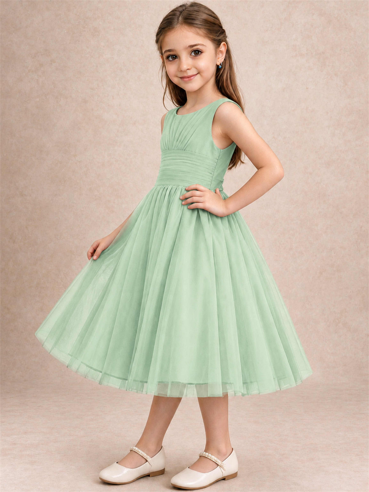 Sleeveless Tulle Flower Girl Dress A Line Tea Length Pleated Kids Wedding Party Gown