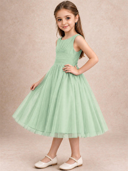 Sleeveless Tulle Flower Girl Dress A Line Tea Length Pleated Kids Wedding Party Gown