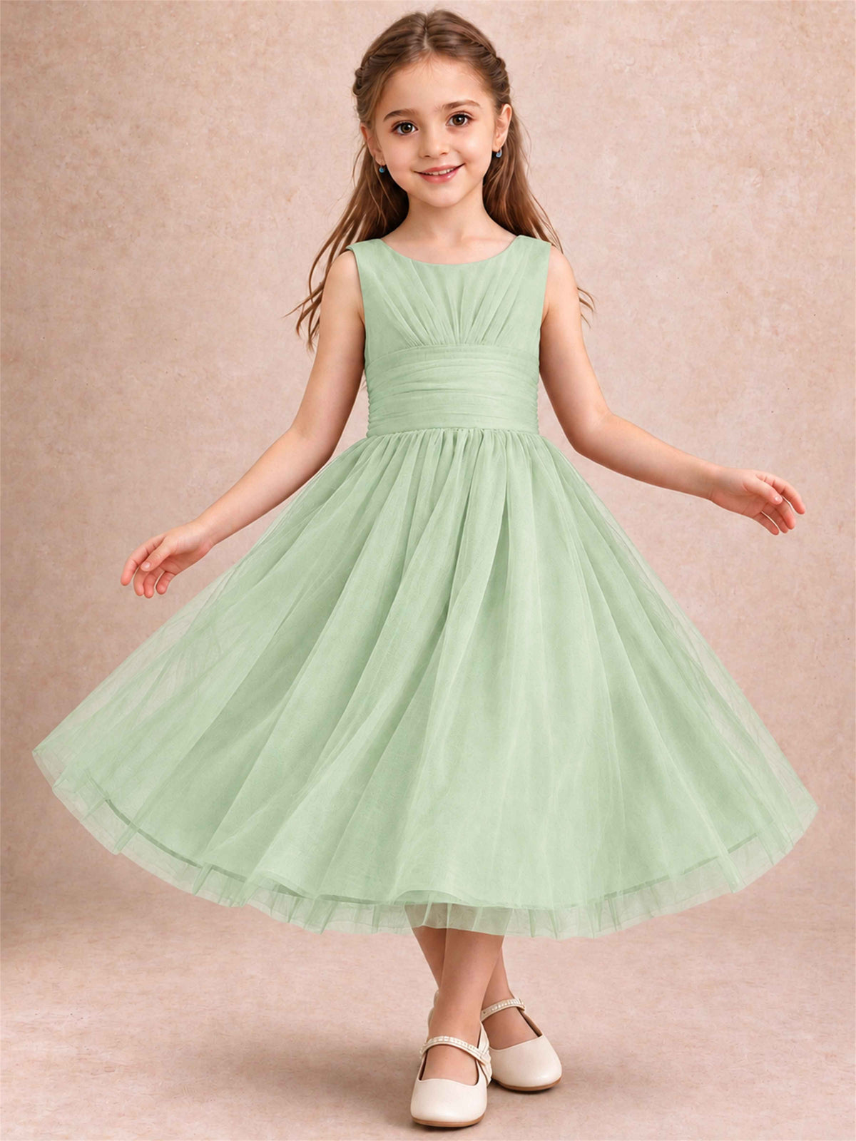 Sleeveless Tulle Flower Girl Dress A Line Tea Length Pleated Kids Wedding Party Gown