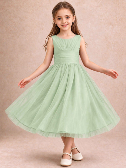 Sleeveless Tulle Flower Girl Dress A Line Tea Length Pleated Kids Wedding Party Gown