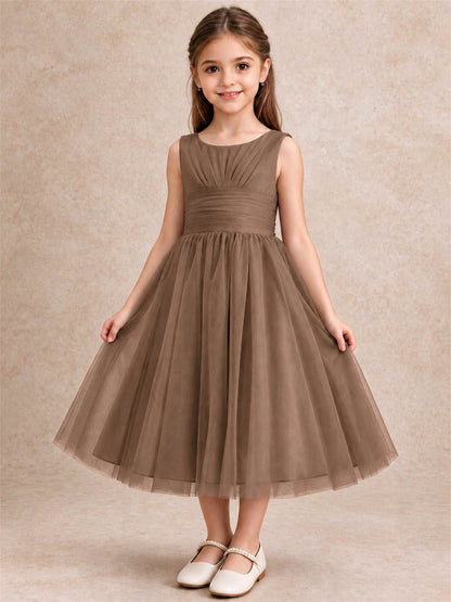 Sleeveless Tulle Flower Girl Dress A Line Tea Length Pleated Kids Wedding Party Gown