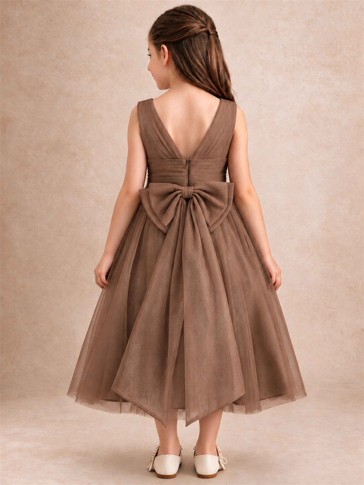 Sleeveless Tulle Flower Girl Dress A Line Tea Length Pleated Kids Wedding Party Gown
