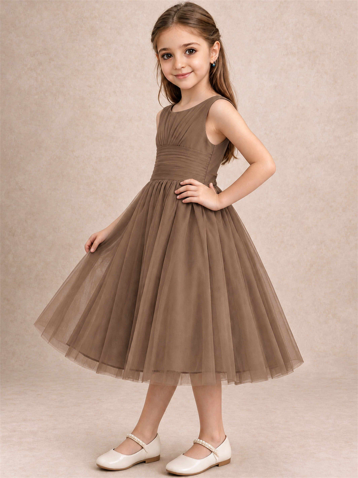 Sleeveless Tulle Flower Girl Dress A Line Tea Length Pleated Kids Wedding Party Gown