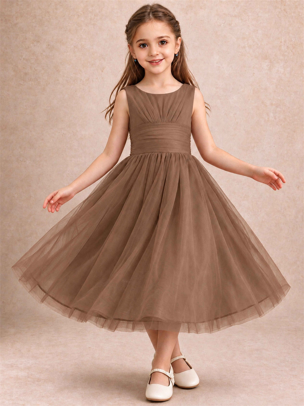 Sleeveless Tulle Flower Girl Dress A Line Tea Length Pleated Kids Wedding Party Gown