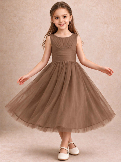 Sleeveless Tulle Flower Girl Dress A Line Tea Length Pleated Kids Wedding Party Gown