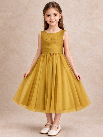 Sleeveless Tulle Flower Girl Dress A Line Tea Length Pleated Kids Wedding Party Gown