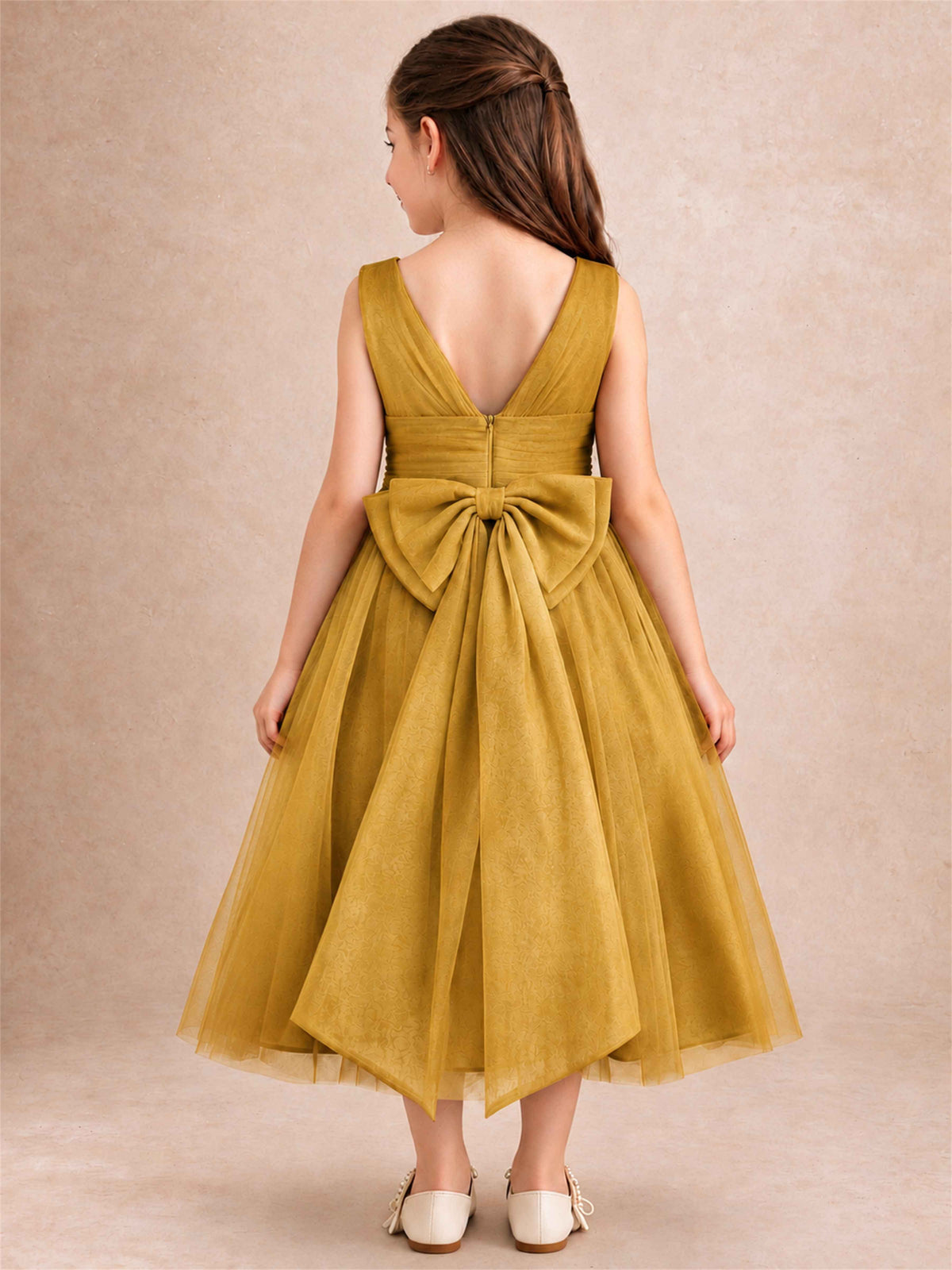Sleeveless Tulle Flower Girl Dress A Line Tea Length Pleated Kids Wedding Party Gown