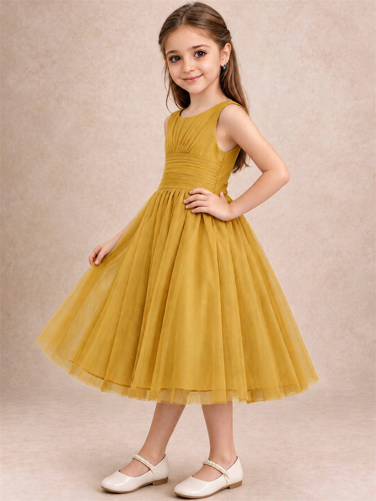 Sleeveless Tulle Flower Girl Dress A Line Tea Length Pleated Kids Wedding Party Gown