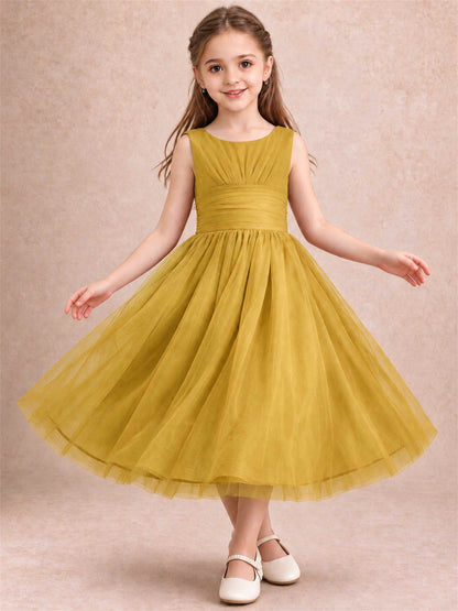 Sleeveless Tulle Flower Girl Dress A Line Tea Length Pleated Kids Wedding Party Gown