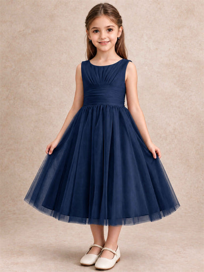 Sleeveless Tulle Flower Girl Dress A Line Tea Length Pleated Kids Wedding Party Gown